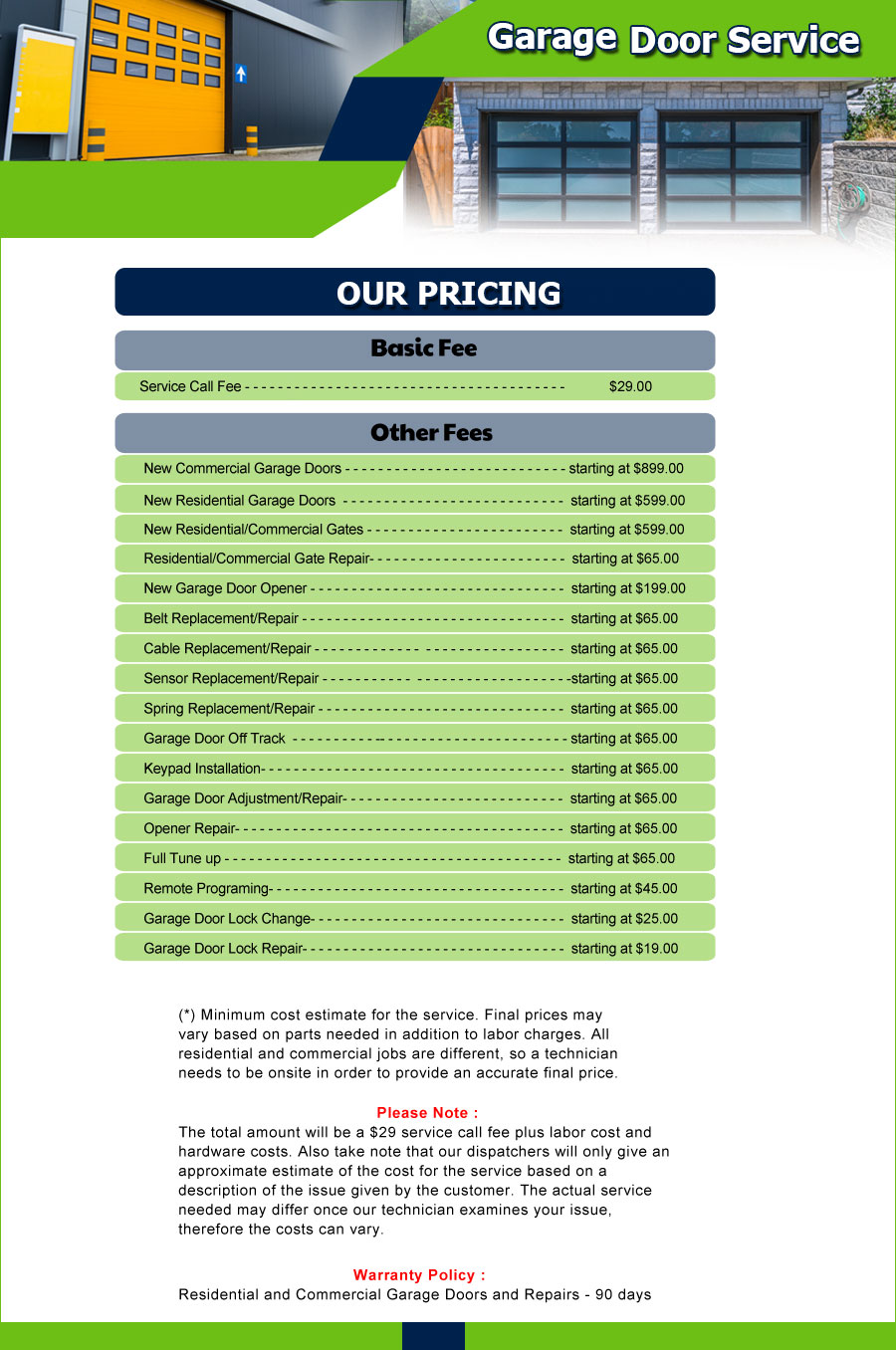 Price List Garage Door Shop Repairs